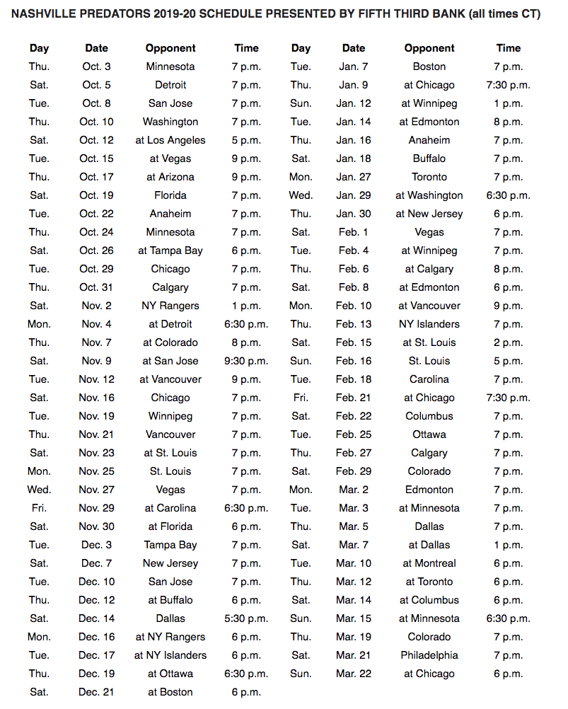 nashville predators schedule march 2016